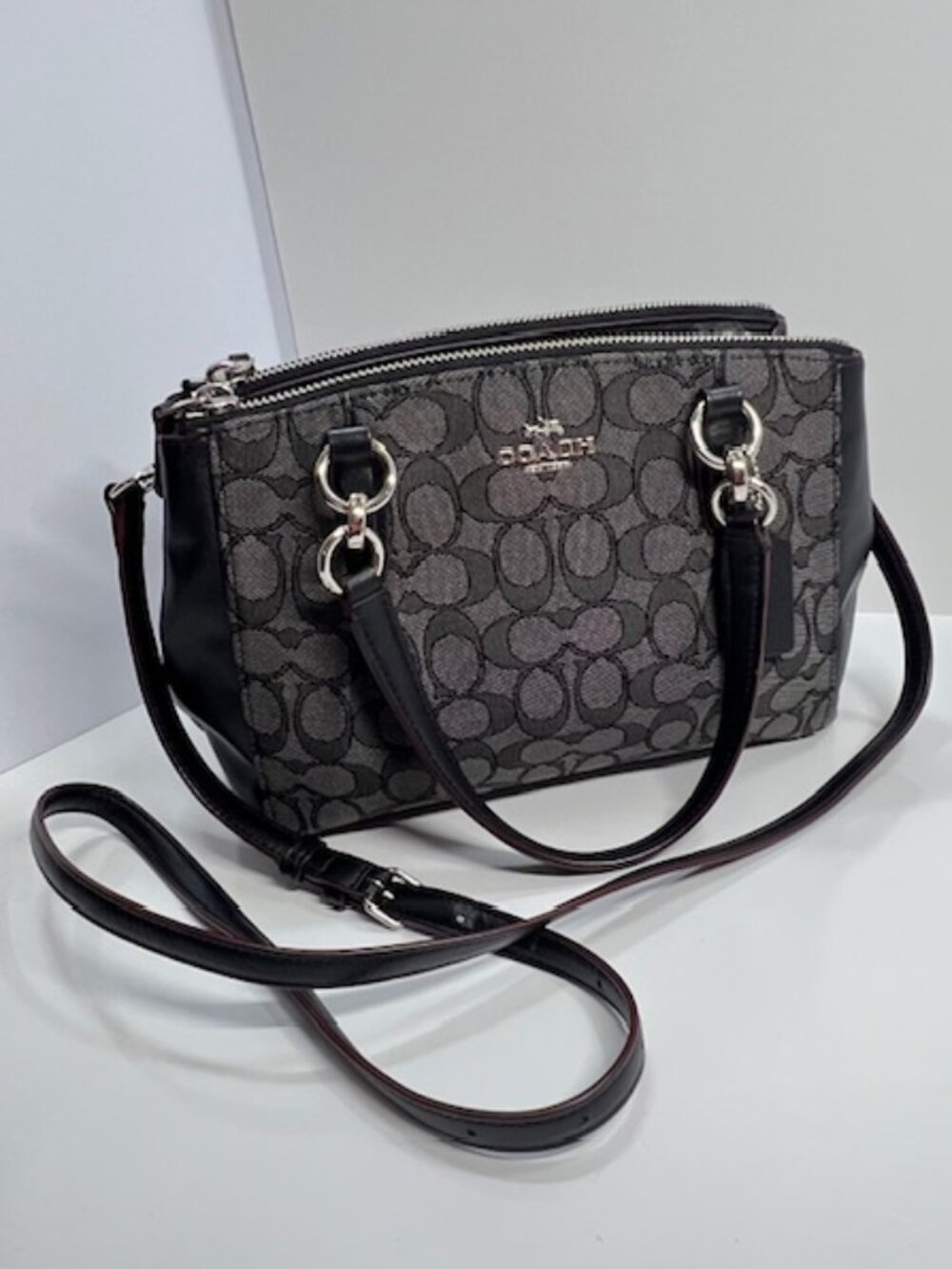 Coach Mini Christie Carryall Signature Jacquard & Leather Blk Smoke/Blk EUC